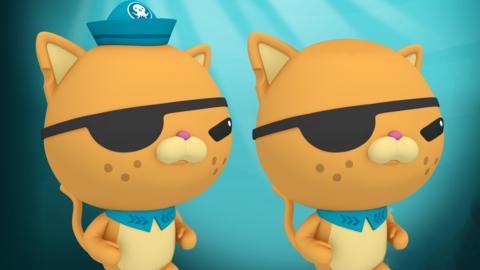 Two images of Kwazii from Octonauts - one wearing a hat, the other not wearing a hat.