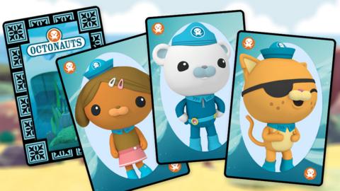 Playing cards showing Octonauts characters with a seaside background.