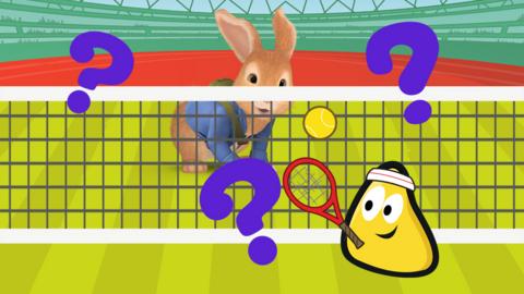 CBeebies bug playing tennis and Peter Rabbit hiding behind the net