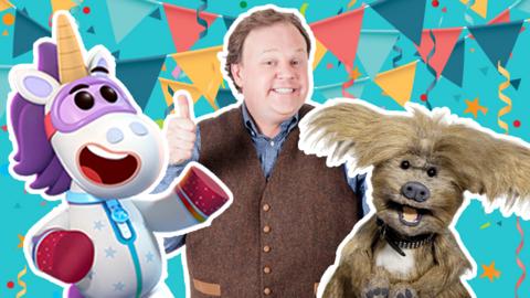 Ubercorn from Go Jetters, Justin from Justin's House and Dodge from CBeebies House in the CBeebies party playlist.