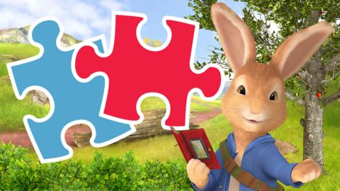 Peter Rabbit with a red and blue jigsaw puzzle piece.