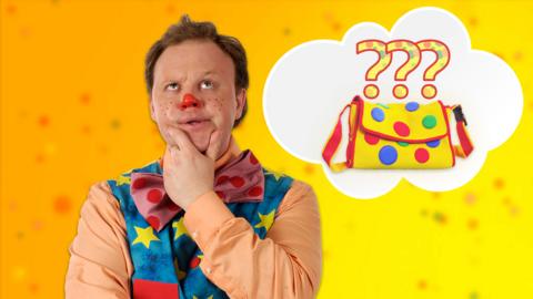 Mr Tumble, a dream bubble, a spotty bag and question marks.