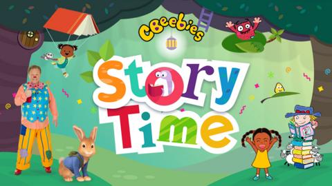 Mr Tumble, Peter Rabbit, Olanna, Little Bo Peep. JoJo and Love Monster and the Storytime log on the Storytime forest background.