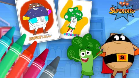 Crayons in the corner of the image, two half finished coloured-in drawings of Broccoli and Supertato are at the top of the image, while the characters of Broccoli and Supertato are in the bottom left as if they have just done the colouring in themselves.