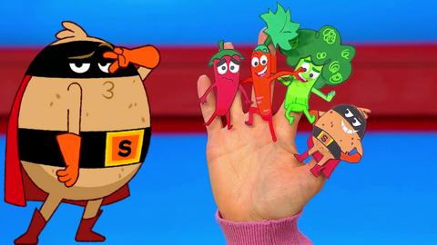 Illustration of Supertato, next to a hand that has supertato character finger puppets on.