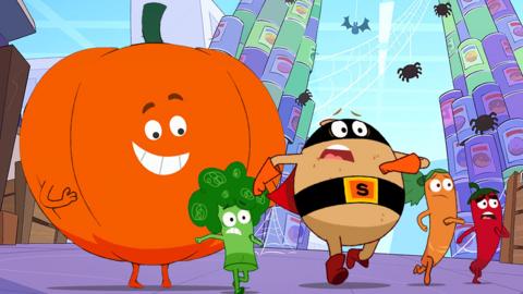 Supertato and friends running away from a large pumpkin.