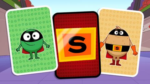 Supertato and Evil Pea are on playing cards with a large 'S' in the centre card.