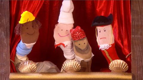 Gem, Cook, Line and Sinker sock puppets.