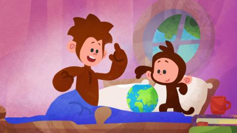 Tee and Mo sat on the bed with a globe of the world.