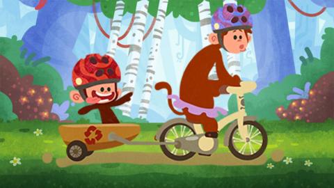 Tee and Mo riding bicycles in a green jungle.