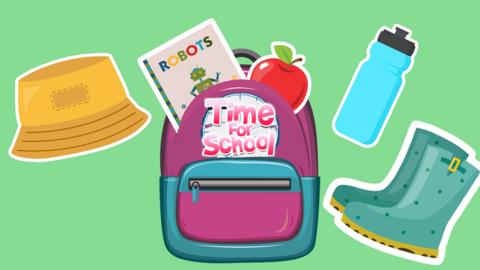 A cartoon school bag being packed with essential items such as an apple, a water bottle and a book.