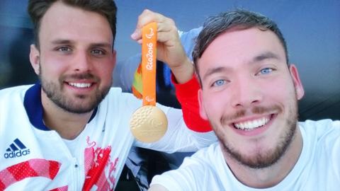 Martin with Aled Davies Gold medal shot putter