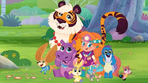 Colourful illustrations of characters from Vida the Vet including Vida, a young girl, a hippo, a tiger, a hamster, mice, a turtle, on a green grassy background.