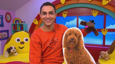 Ben wearing his Waffle sock puppet on his left hand, as he is sat next to a cardboard cut out of Waffle, in the CBeebies House.