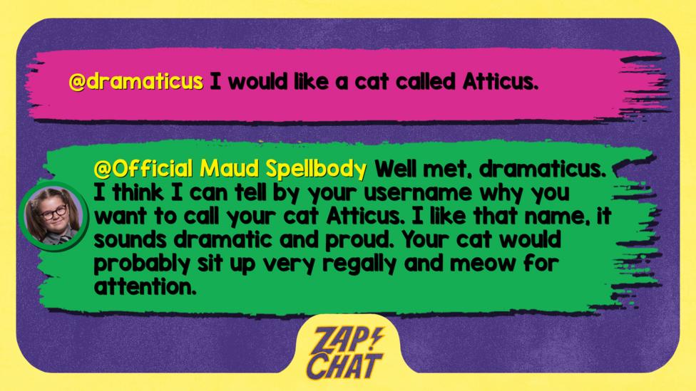 Zapchat replies: From Dramaticus: I would like a cat called Atticus. From Maud: Well met, Dramaticus. I think I can tell by your username why you want to call your cat Atticus. I like that name, it sounds dramatic and proud. Your cat would probably sit up very regally and meow for attention.