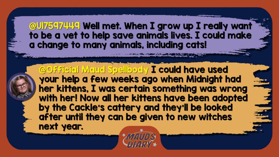 Maud's diary replies: U17597449: Well met. When I grow up I really want to be a vet to help save animals lives. I could make a change to many animals, including cats!  Official Maud Spellbody: I could have used your help a few weeks ago when Midnight had her kittens, I was certain something was wrong with her! Now all her kittens have been adopted by the Cackle\u2019s cattery, and they\u2019ll be looked after until they can be given to new witches next year.