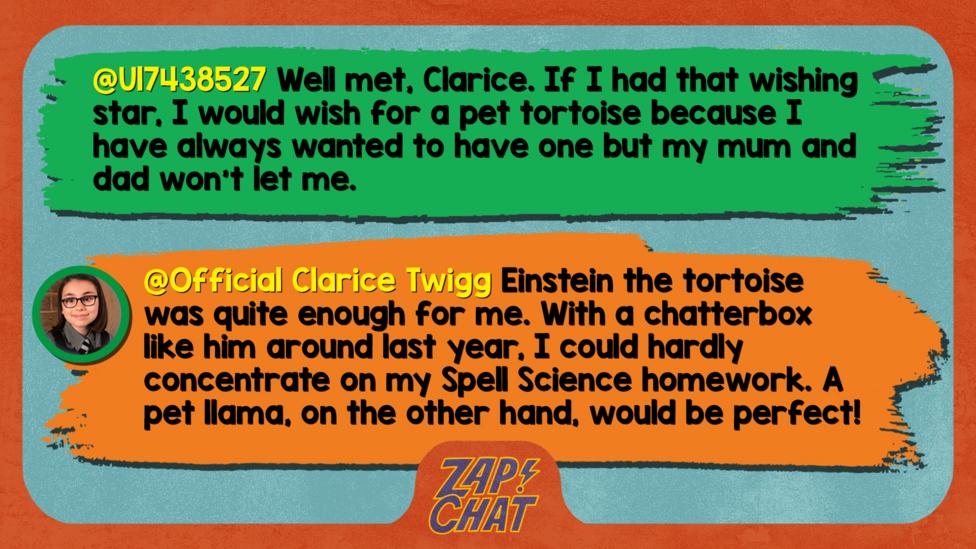 Zapchat replies: From U17438527: Well met, Clarice. If I had that wishing star,I would wish for a pet tortoise because I have always wanted to have one but my mum and dad won't let me. From Clarice: Einstein the tortoise was quite enough for me! With a chatterbox like him around last year, I could hardly concentrate on my Spell Science homework. A pet llama, on the other hand, would be perfect!