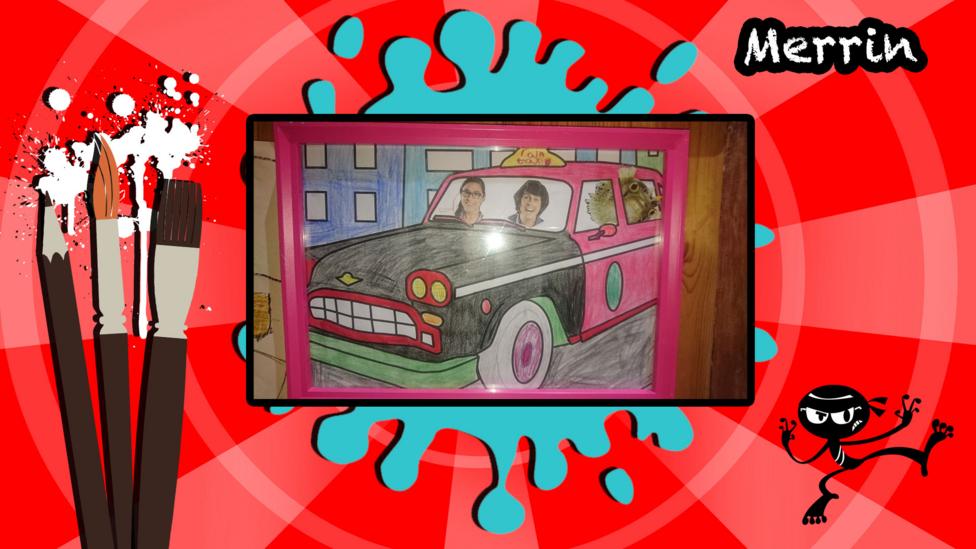 A picture of Andy from Andy's Adventures, he is driving a taxi and there is a pufferfish in the back seat.