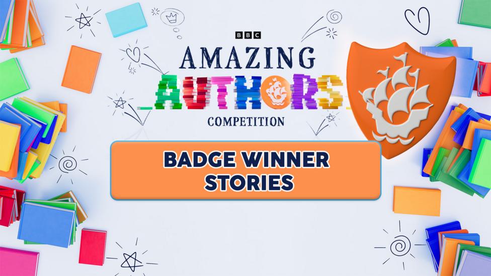 A colourful image with lots of books, title reads Amazing Authors Competition and a speech bubble says "badge winners stories".