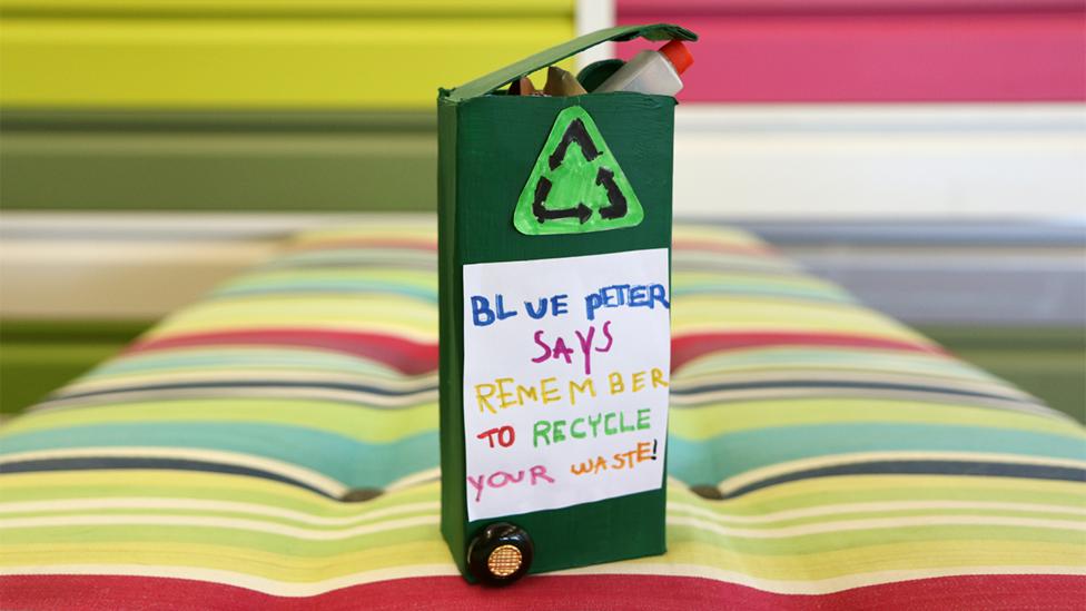 A mini recycling bin made by Anastasia from Surrey.