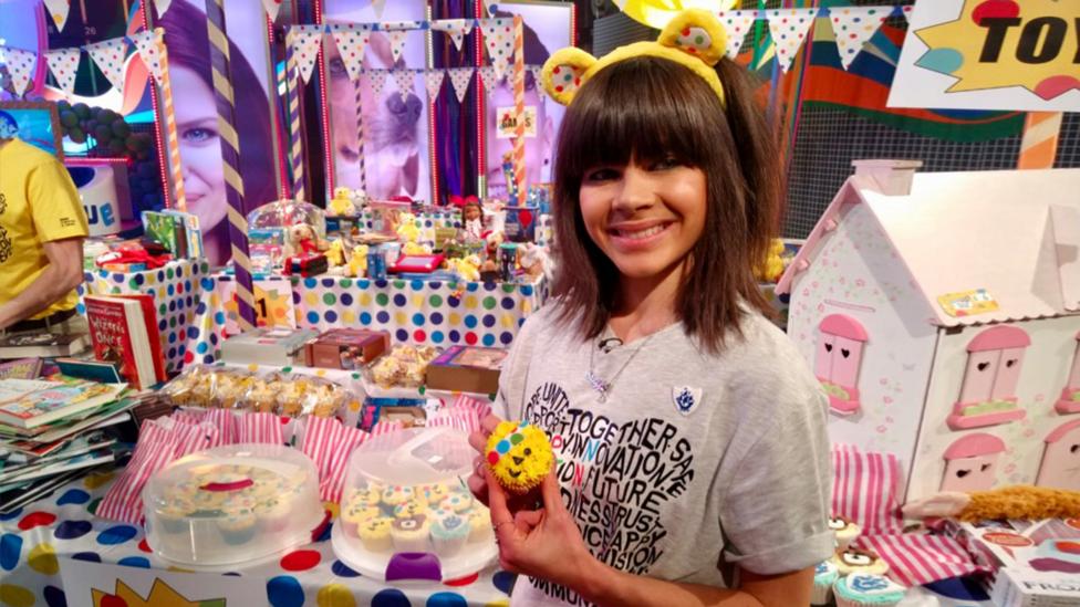 Great British Bake Off finalist Steph Blackwell with her Pudsey bear cakes.