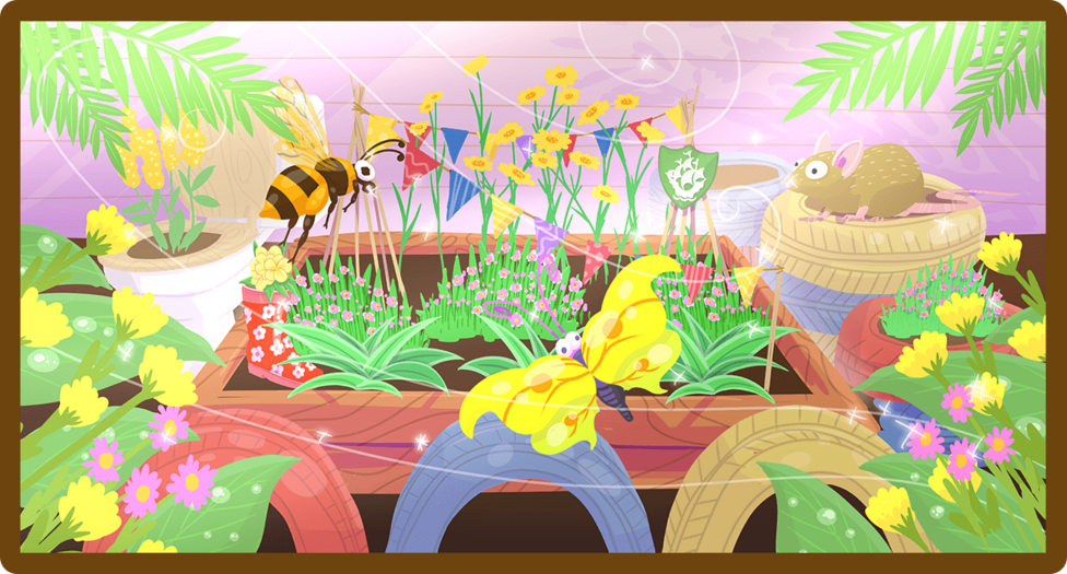 A garden with a flower box which has a wasp, a butterfly and a mouse in