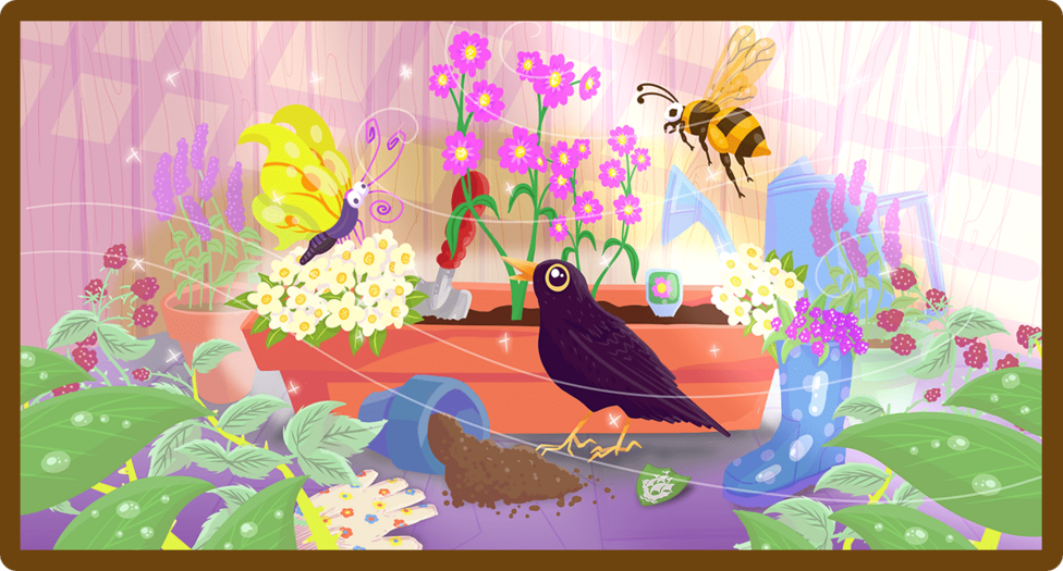 A flowerbox with a crow, butterfly and wasp