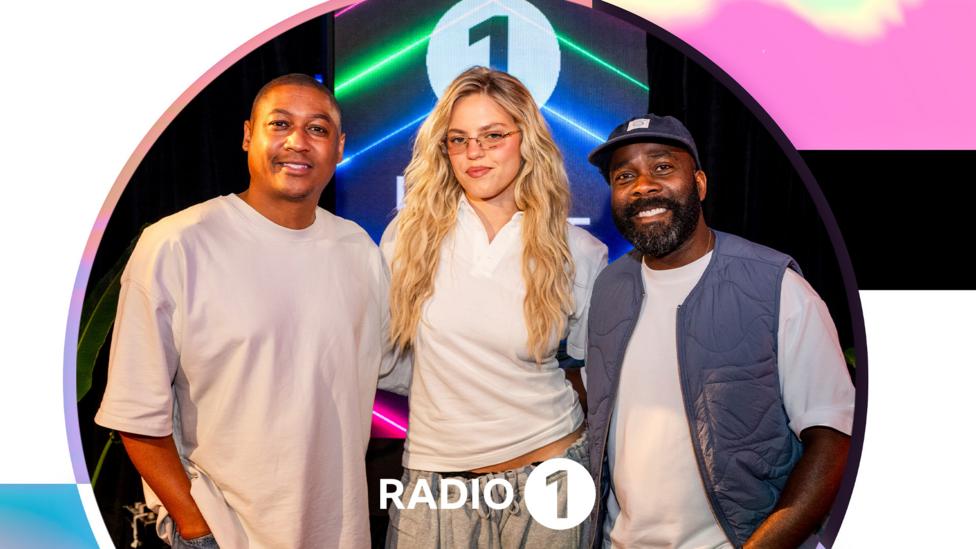 Rene\u00E9 Rapp with Rickie and Melvin in the Radio 1 Live Lounge.