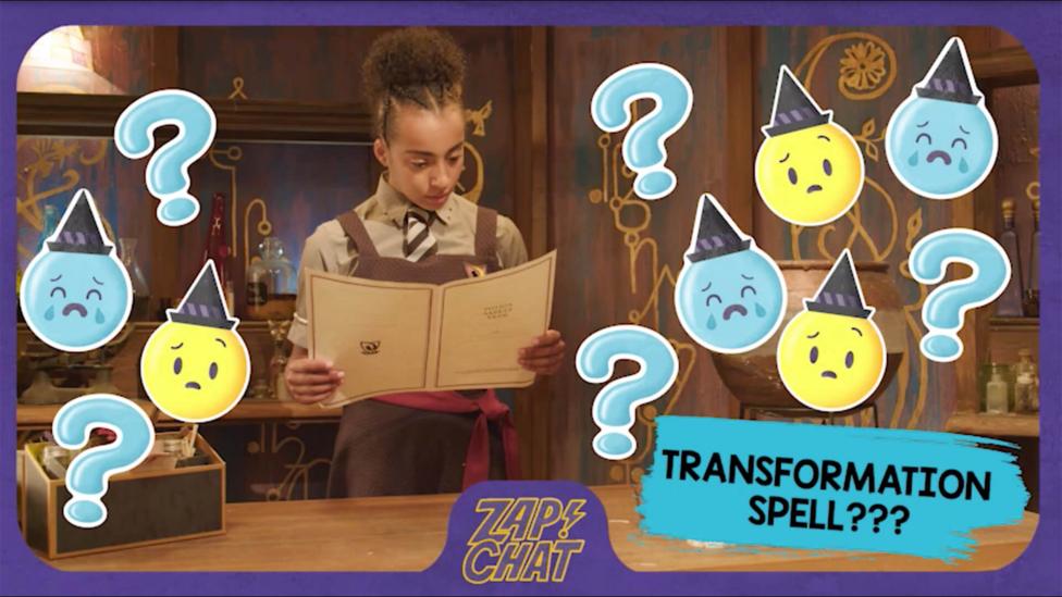 A young witch (Indigo) in Cackle's Academy uniform looks confused holding a spell scroll.