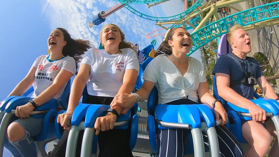 Holly, Tilly, Megan, and Jack on a rollercoaster
