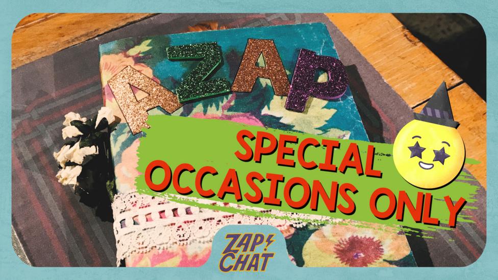 Book with 'Azap' written on in glittery letters. Text on image reads 'Special occasions only'.