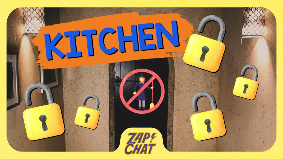 Kitchen door with sign indicating no students allowed. Padlock symbols are placed on the image.