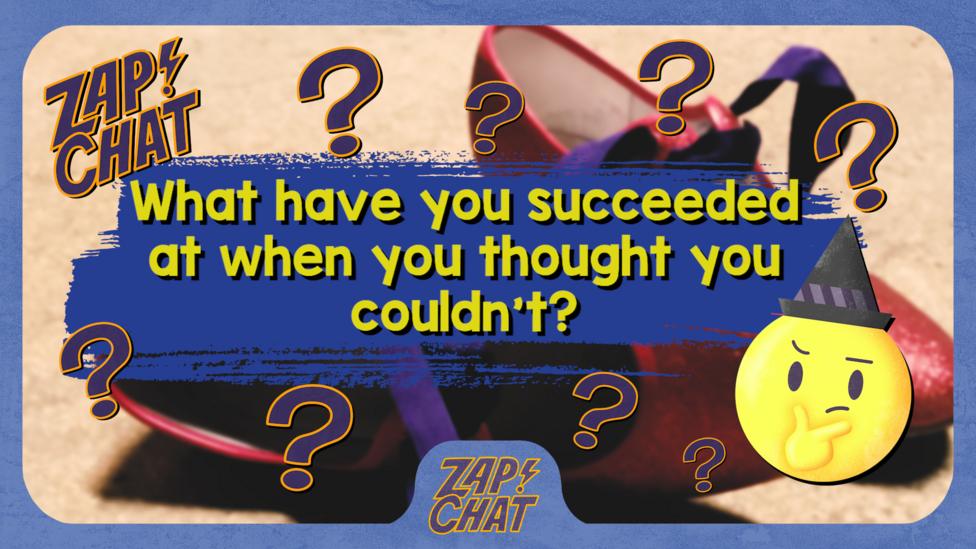 Red shoes with text over the image 'What have you succeeded at when you thought you couldn't?'.