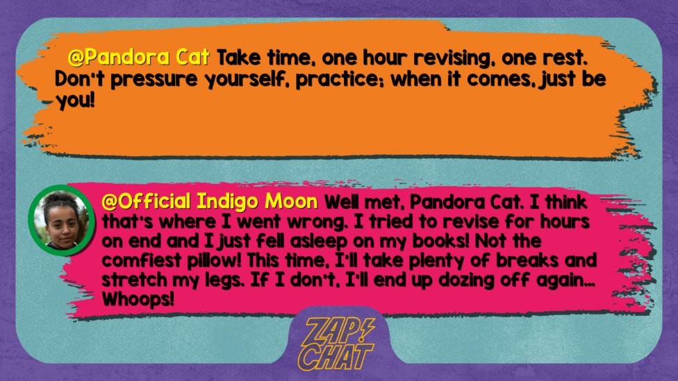 Pandora Cat comment reads take time, one hour revising, one rest. don\u2019t pressure yourself, practice; when it comes, just be you! ;]  Indigo Mood reply reads Well met, Pandora Cat. I think that\u2019s where I went wrong. I tried to revise for hours on end and I just fell asleep on my books! Not the comfiest pillow! This time, I\u2019ll take plenty of breaks and stretch my legs. If I don\u2019t, I\u2019ll end up dozing off again\u2026 Whoops!