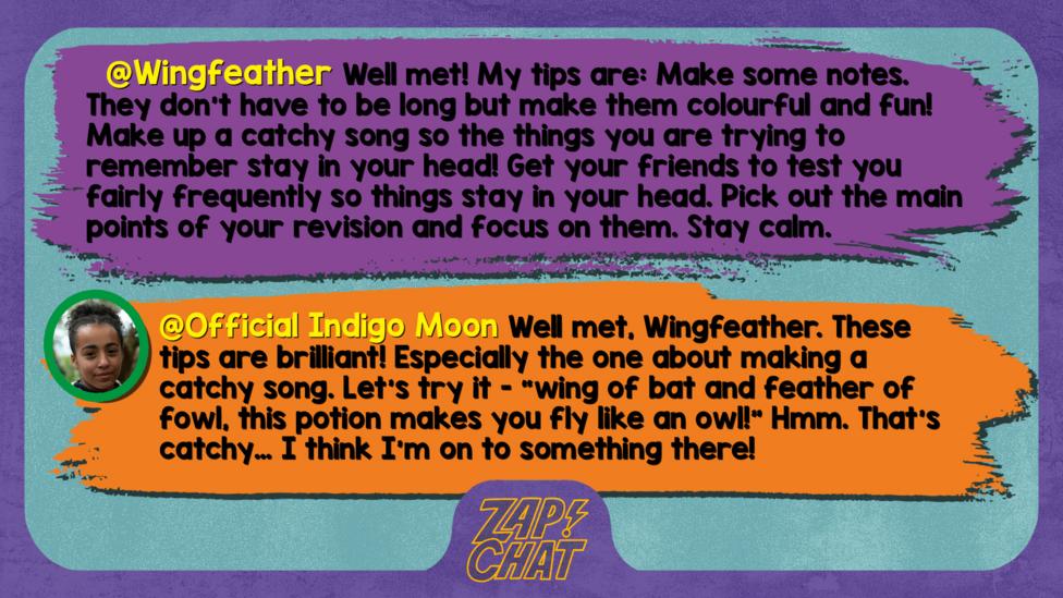 Wingfeather comment reads Well met! My tips are: Make some notes. They don\u2019t have to be long but make them colourful and fun! Make up a catchy song. Make up a catchy song so the things you are trying to remember stay in your head! Get your friends to test you fairly frequently so things stay in your head. Pick out the main points of your revision and focus on them. Stay calm.  Indigo Moon reply reads Well met, Wingfeather. These tips are brilliant! Especially the one about making a catchy song. Let\u2019s try it - \u201Cwing of bat and feather of fowl, this potion makes you fly like an owl!\u201D Hmm. That\u2019s catchy\u2026 I think I\u2019m on to something there!