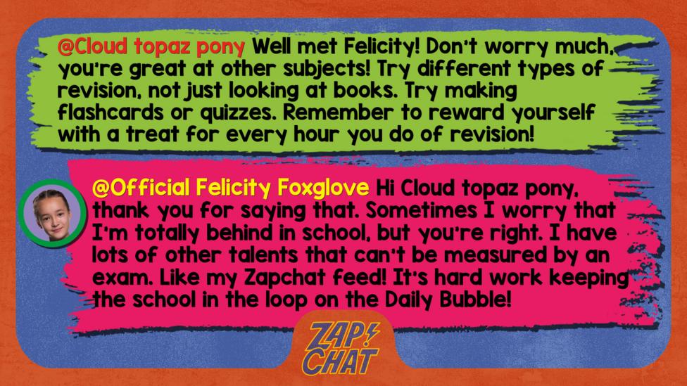 Zapchat replies: Cloud topaz pony: Well met Felicity! Don't worry much, you're great at other subjects! Try different types of revision, not just looking at books. Try making flashcards or quizzes. Remember to reward yourself with a treat for every hour you do of revision! Official Felicity Foxglove: Hi Cloud topaz pony, thank you for saying that. Sometimes I worry that I\u2019m totally behind in school, but you\u2019re right. I have lots of other talents that can\u2019t be measured by an exam. Like my Zapchat feed! It\u2019s hard work keeping the school in the loop on the Daily Bubble!