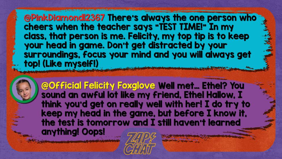 Zapchat replies: PinkDiamond12367: There's always the one person who cheers when the teacher says \u201CTEST TIME!\u201D In my class, that person is me. Felicity, my top tip is to keep your head in game. Don\u2019t get distracted by your surroundings, focus your mind and you will always get top! (Like myself!) Official Felicity Foxglove: Well met\u2026 Ethel? You sound an awful lot like my friend, Ethel Hallow, I think you\u2019d get on really well with her! I do try to keep my head in the game, but before I know it, the test is tomorrow and I still haven\u2019t learned anything! Oops!