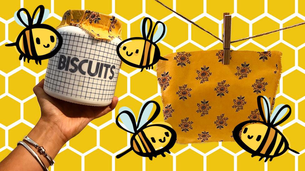 Photo of beeswax wrap on a biscuit jar and beeswax wrap hanging on washing line with cartoon bees.