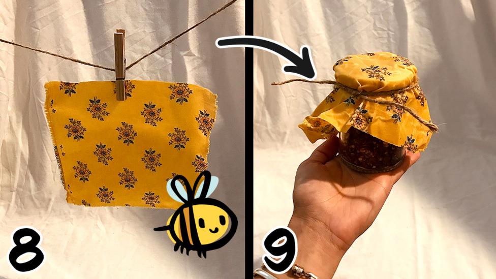 Beeswax wrap hanging on line to dry and a photo of a beeswax wrap being used as a lid for a jar.