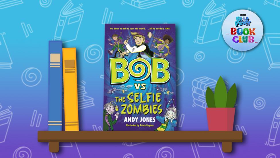 The book 'Bob Vs the Selfie Zombies' sits on a illustrated shelf.