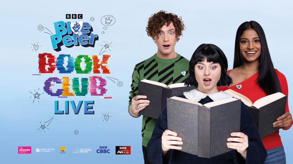 Blue Peter presenters Joel, Abby and Shini are all holding a book whilst looking shocked at the camera. Text to the left of them reads: Blue Peter Book Club Live.