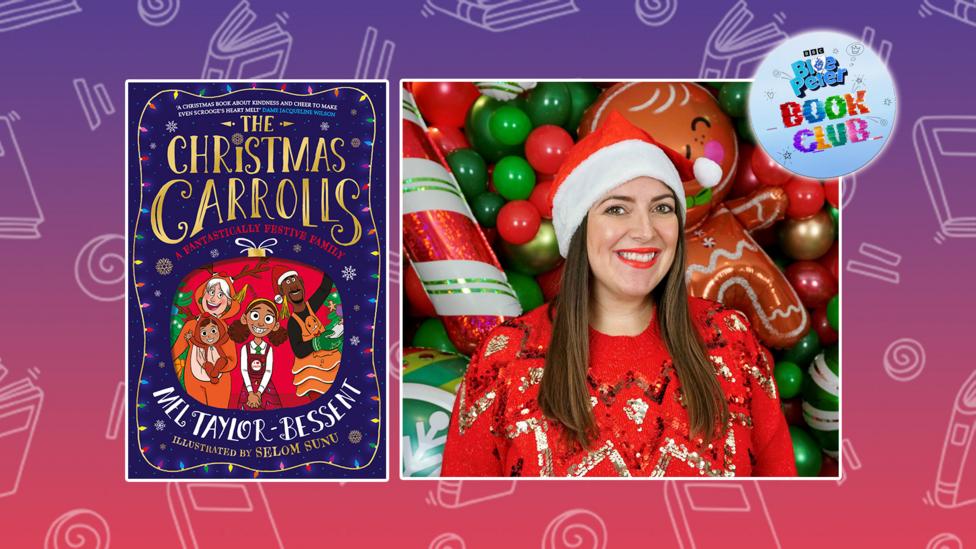 On a purple and red background on the left there is an image of a book called 'The Christmas Carrolls'. Next to this is a photo of the author, Mel Taylor-Bessent, who is smiling wearing a red jumper and a red Santa hat.