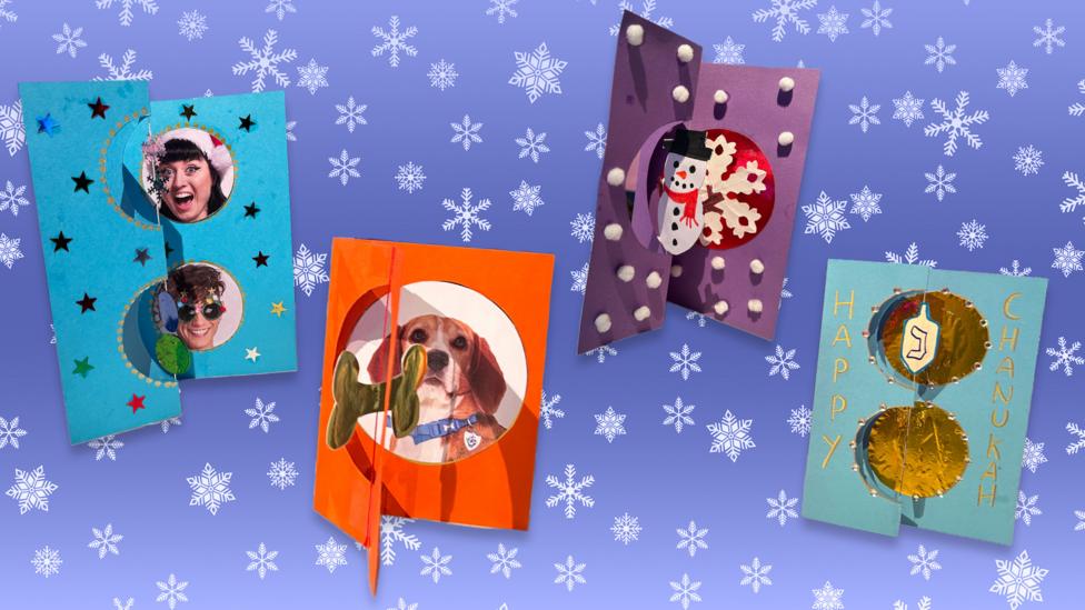 On a blue snowflake background there are four Christmas cards. From left to right: One has a photo of Joel and Abby from Blue Peter, a photo of Henry the Dog and a bone, a snowman in the snow, and one that reads 'Happy Chanukah'.