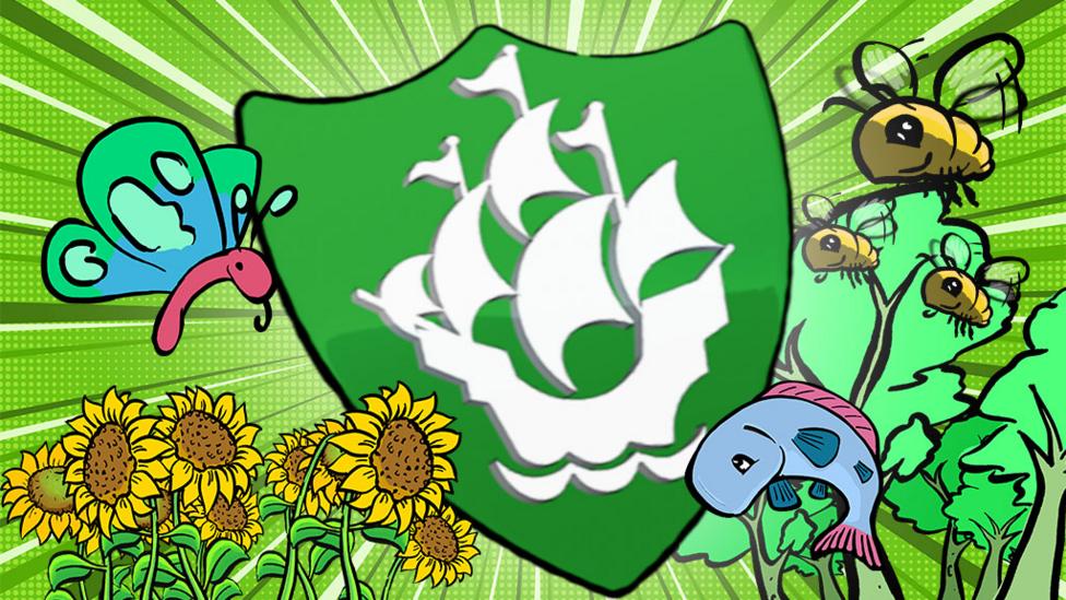 The green badge surrounded by trees, flowers, bees, butterflies and fish.