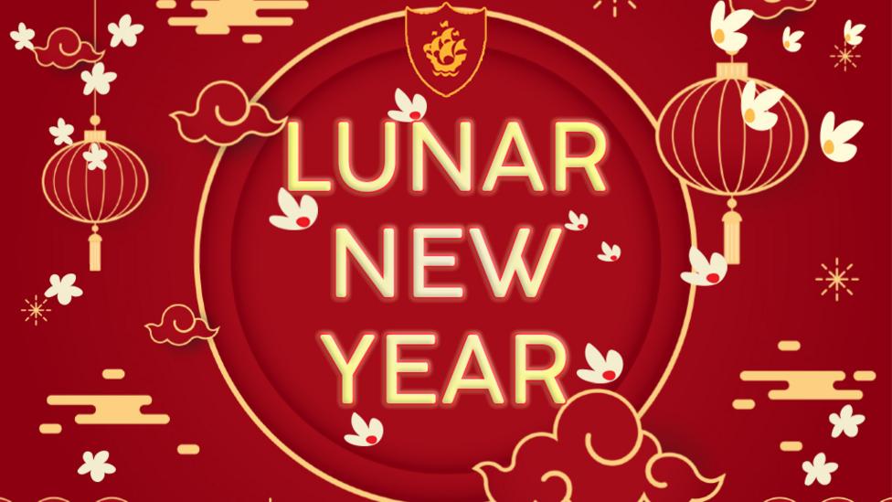 Lunar New Year themed images such as chinese lanterns and flowers on a red background.