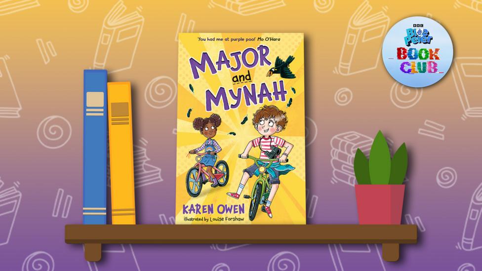 The book 'Major and Mynah' sits on a illustrated shelf.