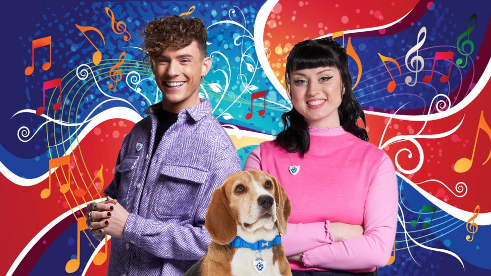 Blue Peter's Joel, Abby and Henry stand smiling against a musical background.