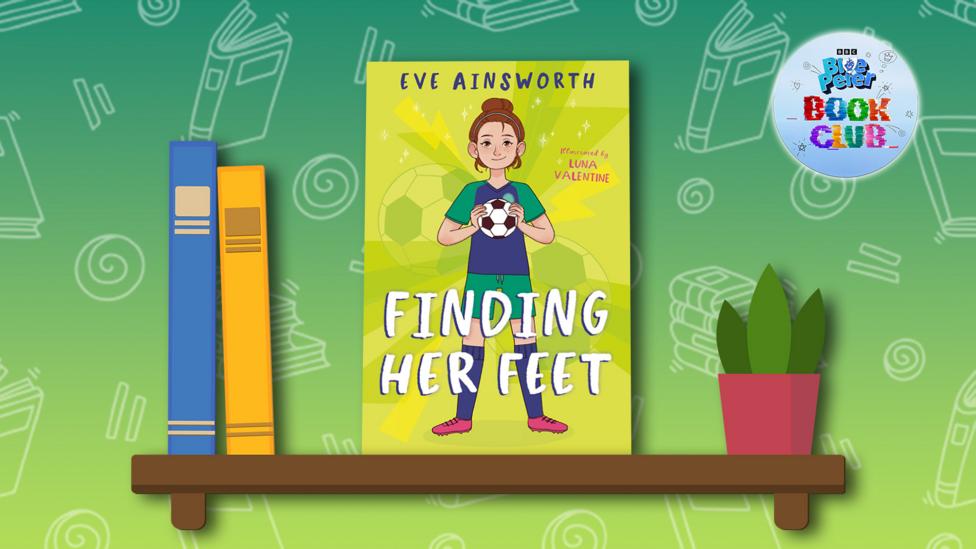 There is an animated book shelf with two books and a small plant. In the centre the book 'Finding Her Feet' is in the centre.