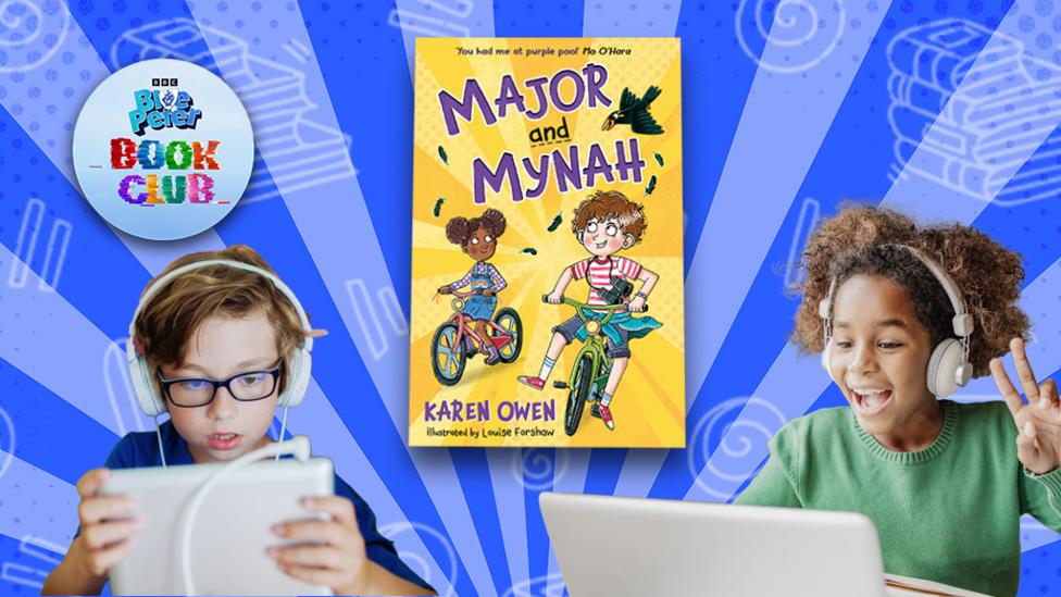 One child is vlogging at a laptop and one child is reading. The book cover of Major and Mynah floats in the middle and the Blue Peter Book Club logo is top left