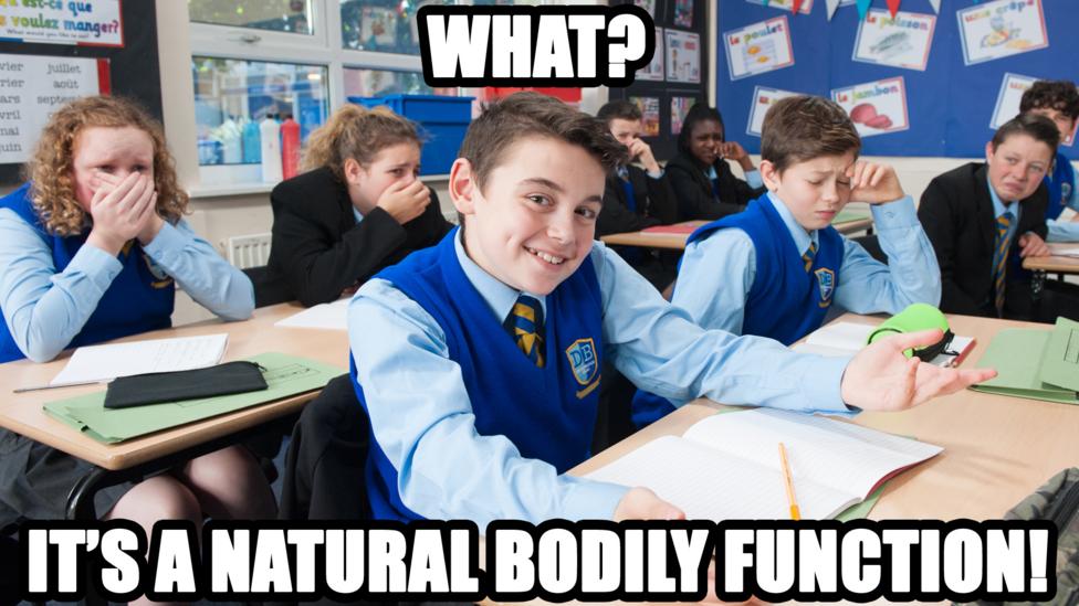 A smug boy with: 'What? It\u2019s a natural bodily function!'.